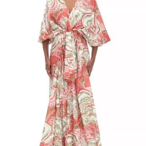 Vibrant Coral and White Maxi Dress Resort Wear Cover up NWT